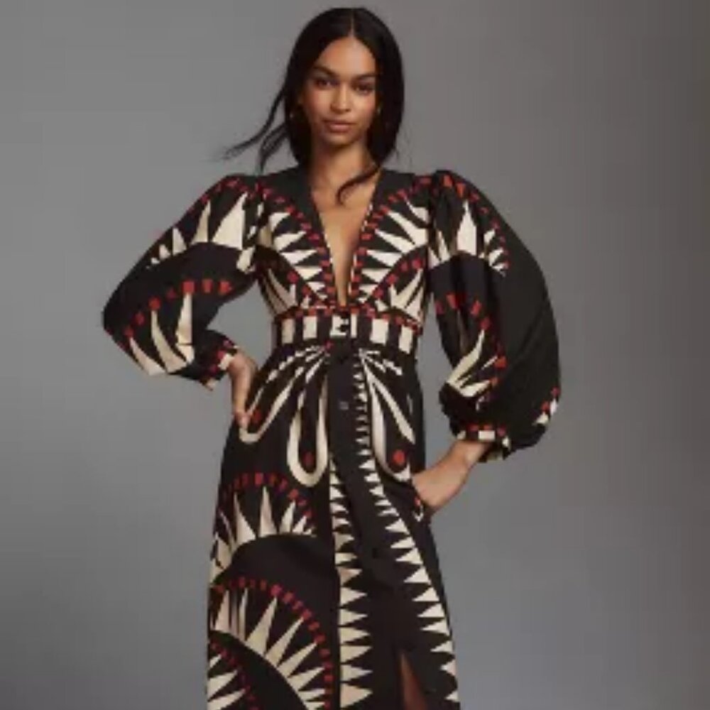 Farm Rio Coconut Grove Puff-Sleeve V-Neck Maxi Dress